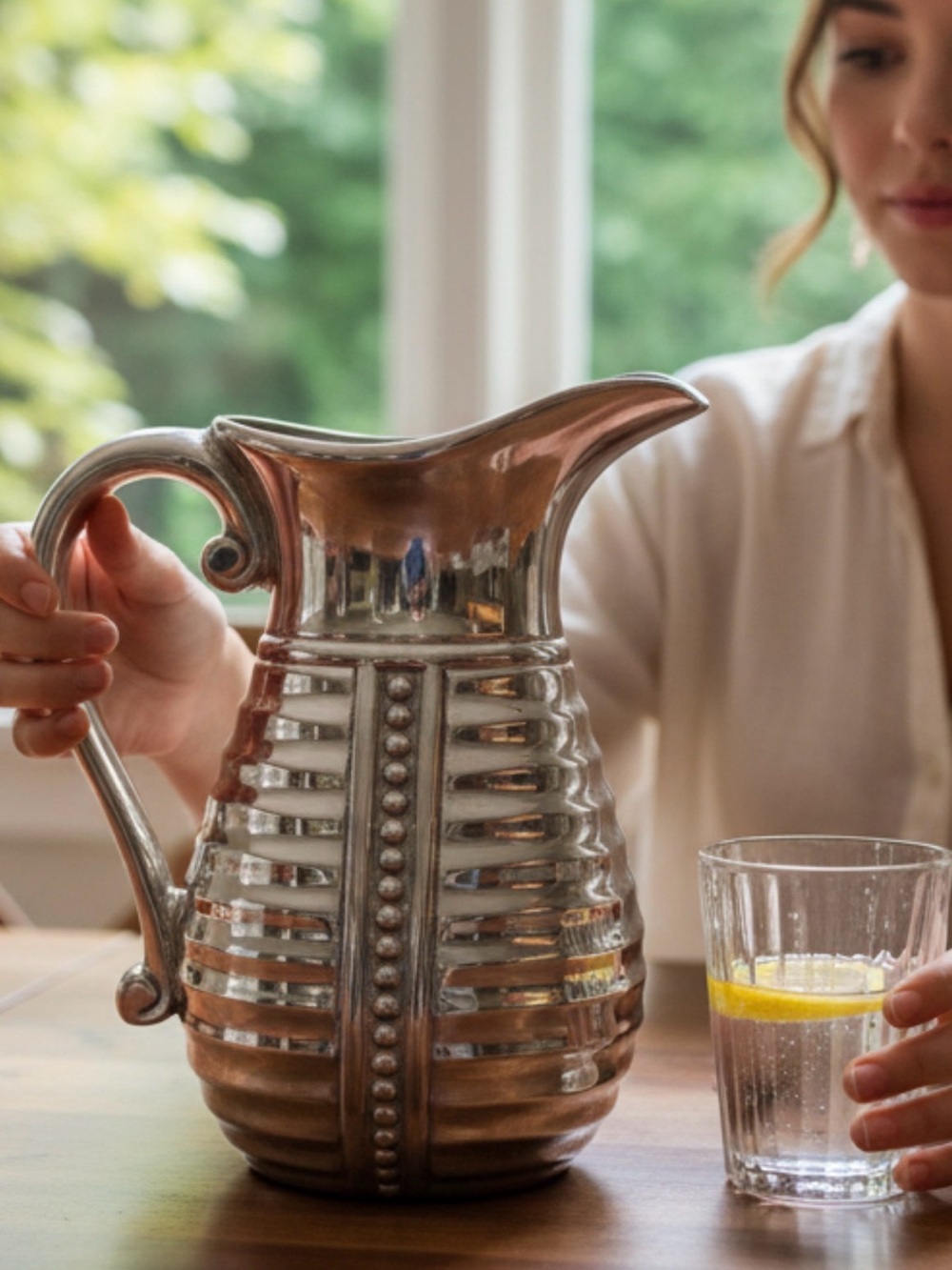 Decorative Silver-Toned Beaded Pitcher